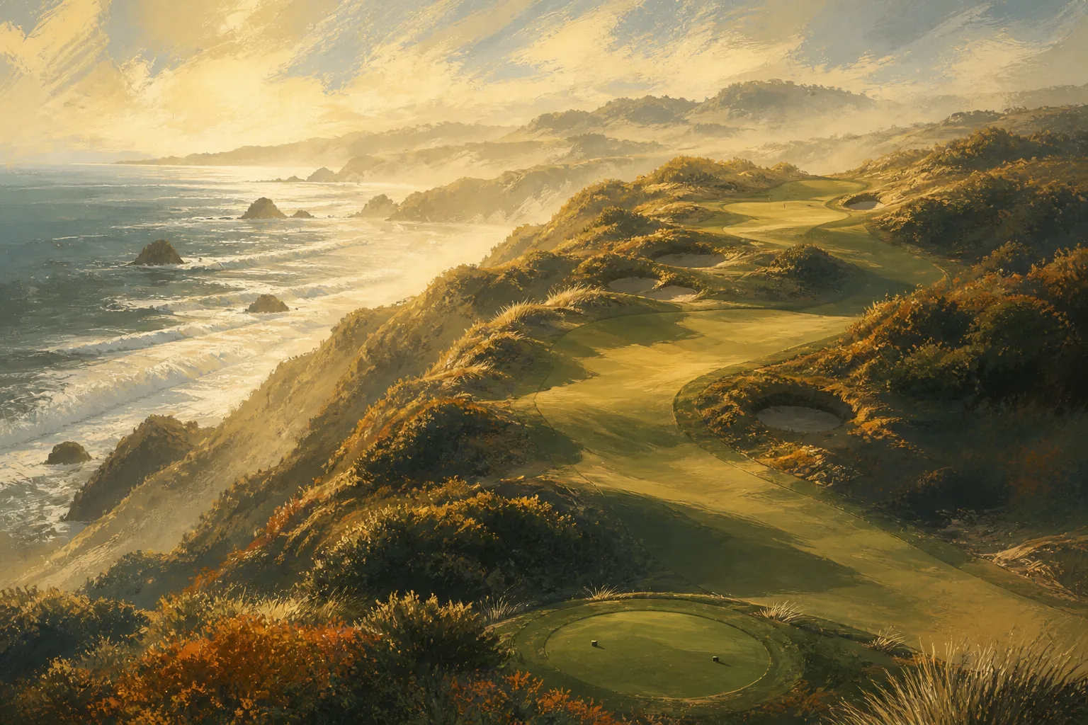 Bandon Dunes fairways crossing rugged coastal dunes above a misty Pacific shoreline