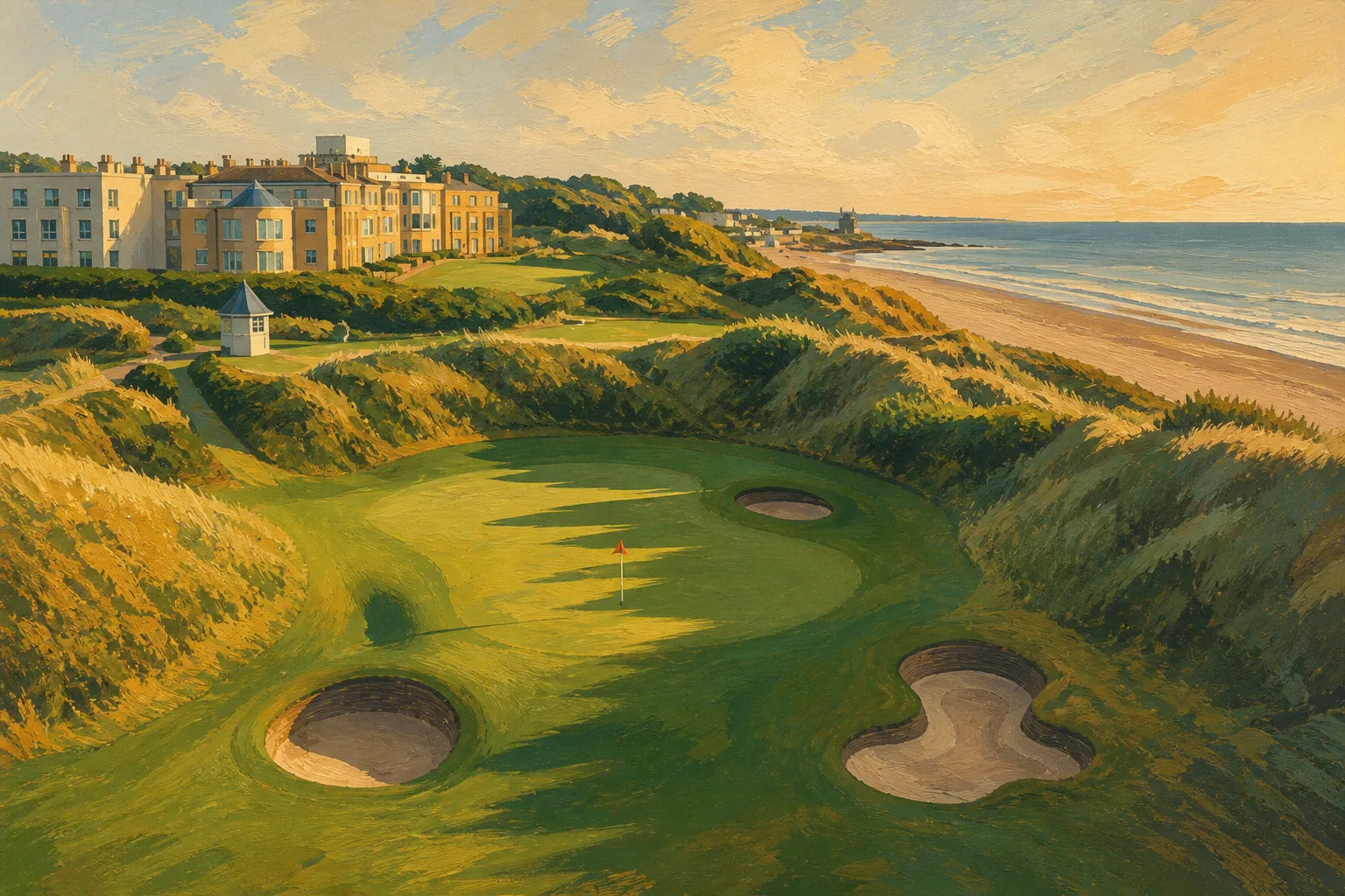 Portmarnock coastal links green and deep bunkers between high dunes, resort buildings and the Irish Sea