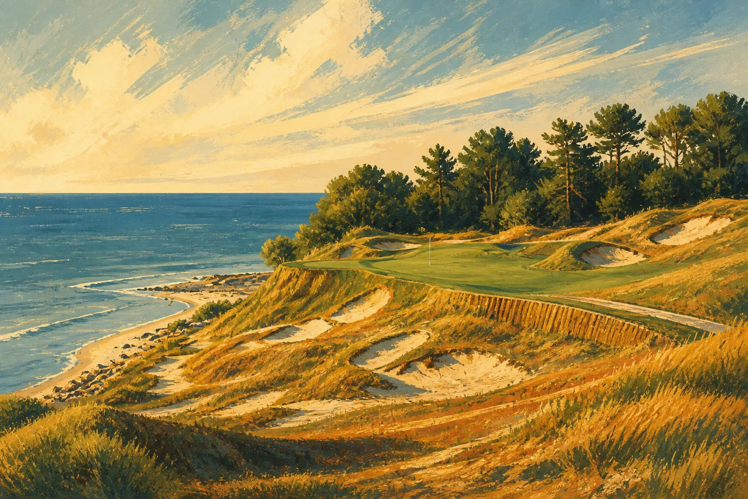 Whistling Straits green above Lake Michigan with sandy waste areas and windblown grasses