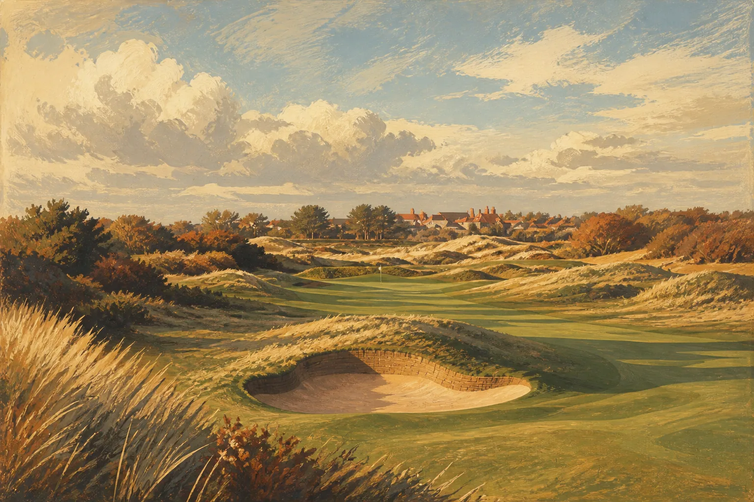 Royal Birkdale links fairway winding through tawny dunes past a deep revetted bunker