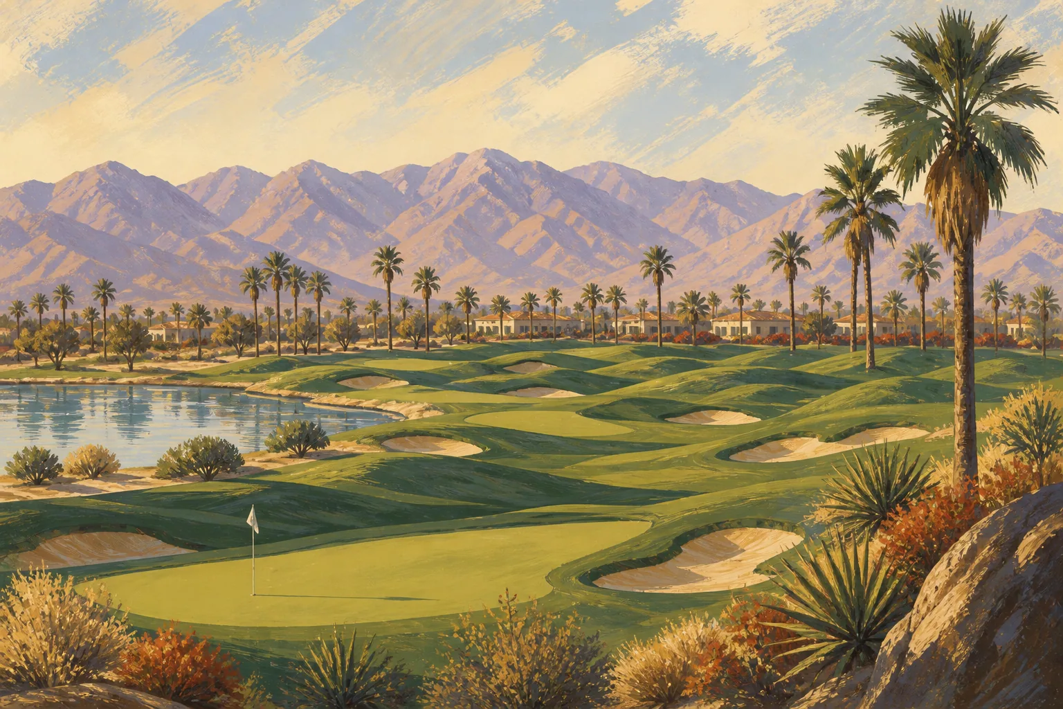 Contoured PGA West golf holes, palms and water beneath the Santa Rosa Mountains