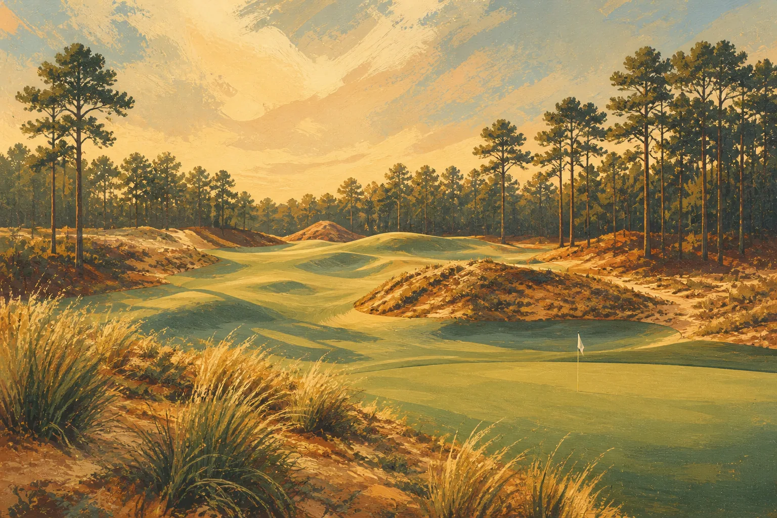 Rolling Pinehurst No. 10 fairways and crowned green among sandy native areas and longleaf pines