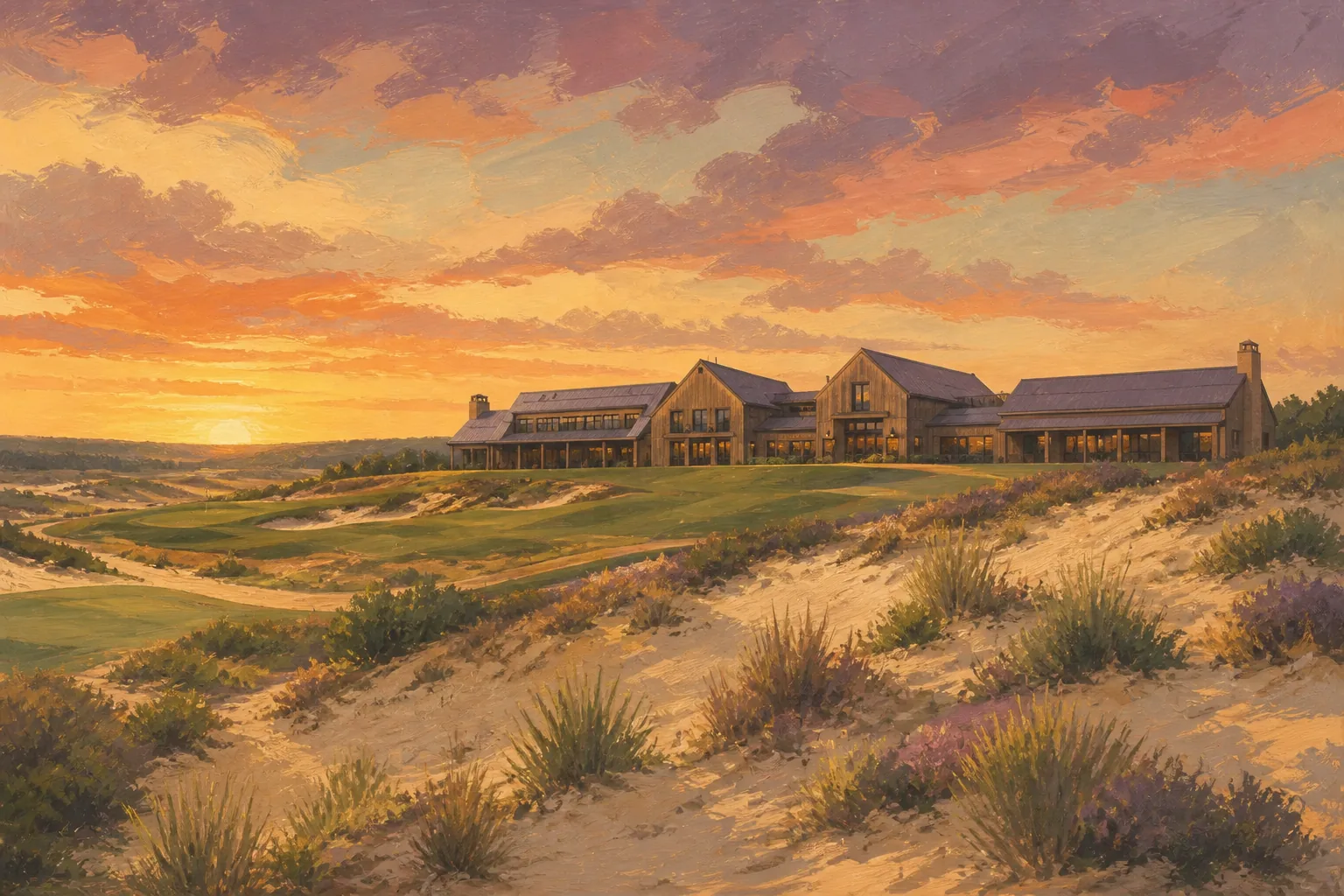Sand Valley timber clubhouse above pale glacial sand, native grasses and rolling golf terrain at sunset