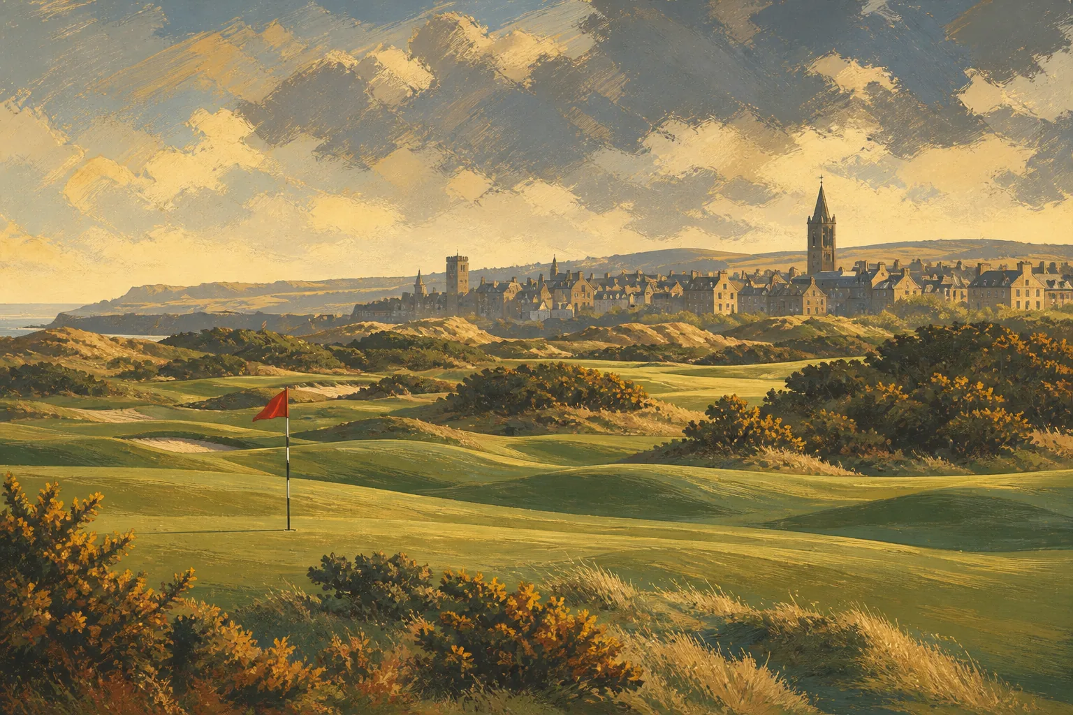 Undulating St Andrews linksland and red flag beneath the historic town skyline and a dramatic sky