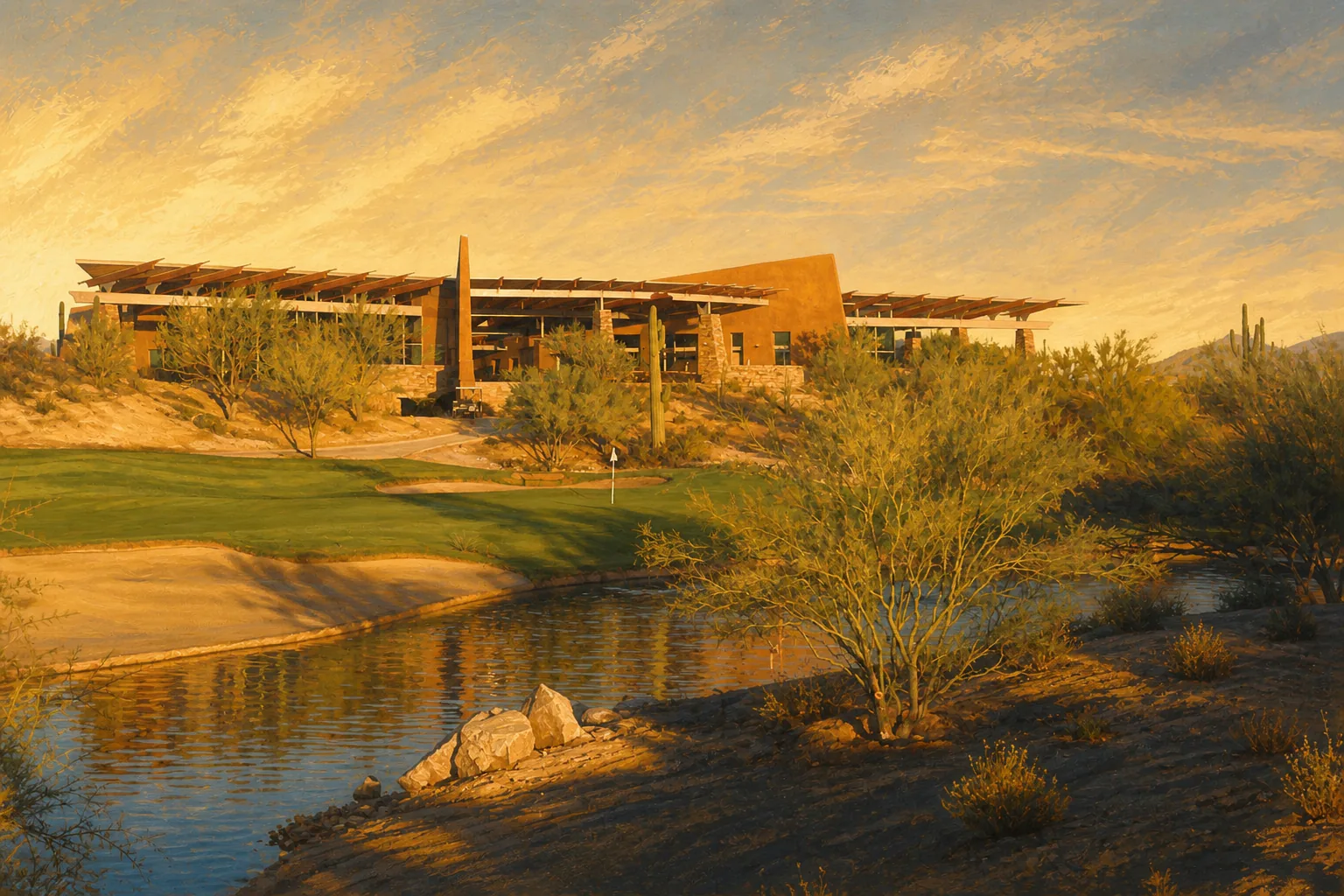 We-Ko-Pa Golf Club clubhouse above a green, bunker and desert water feature