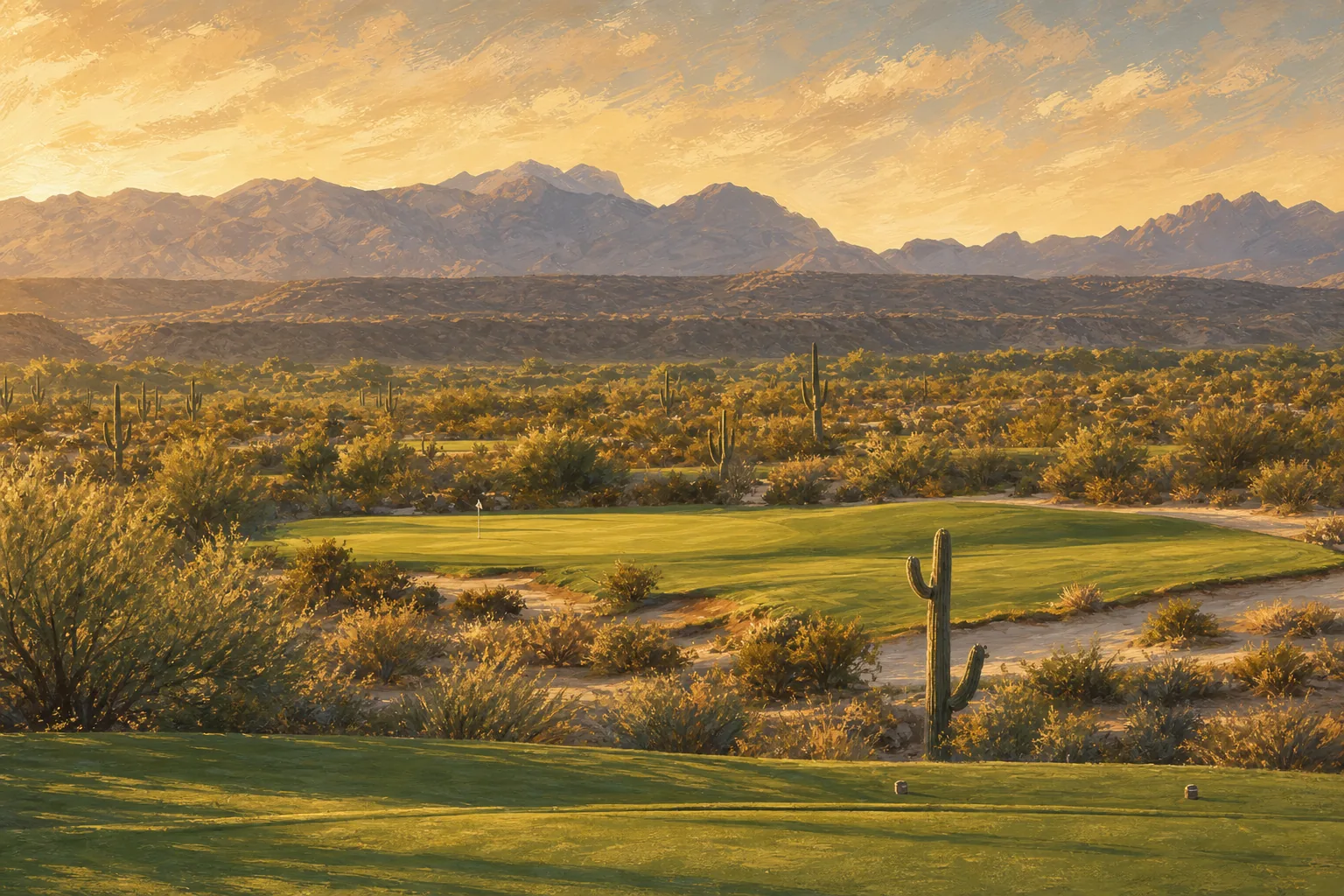 We-Ko-Pa Saguaro Course No. 15 with its desert green, foreground saguaro and mountain backdrop
