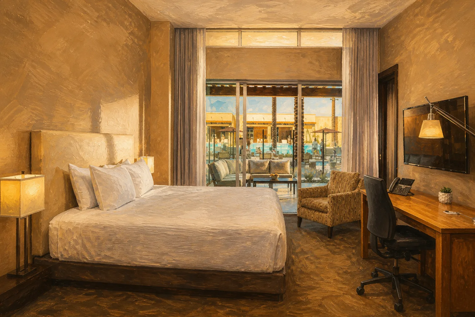 Talking Stick Resort poolside guest room with bed, workspace, patio and pool view