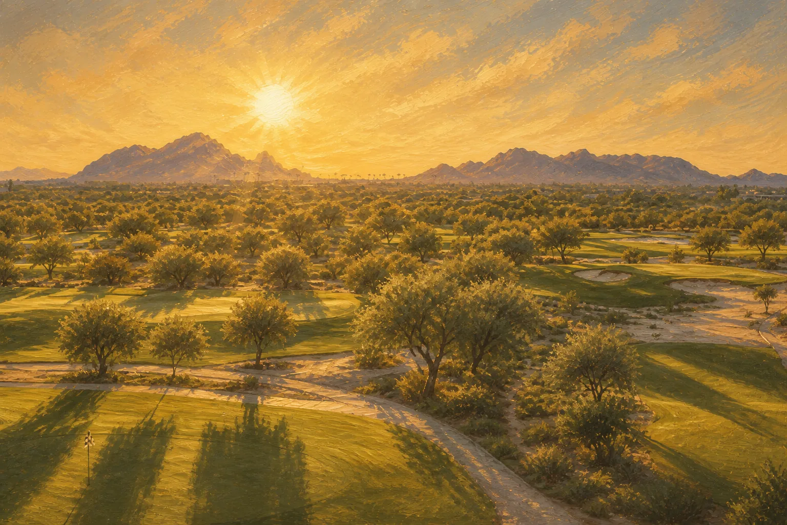 Talking Stick O’odham Course panorama at sunrise with broad low-desert fairways and mountain views
