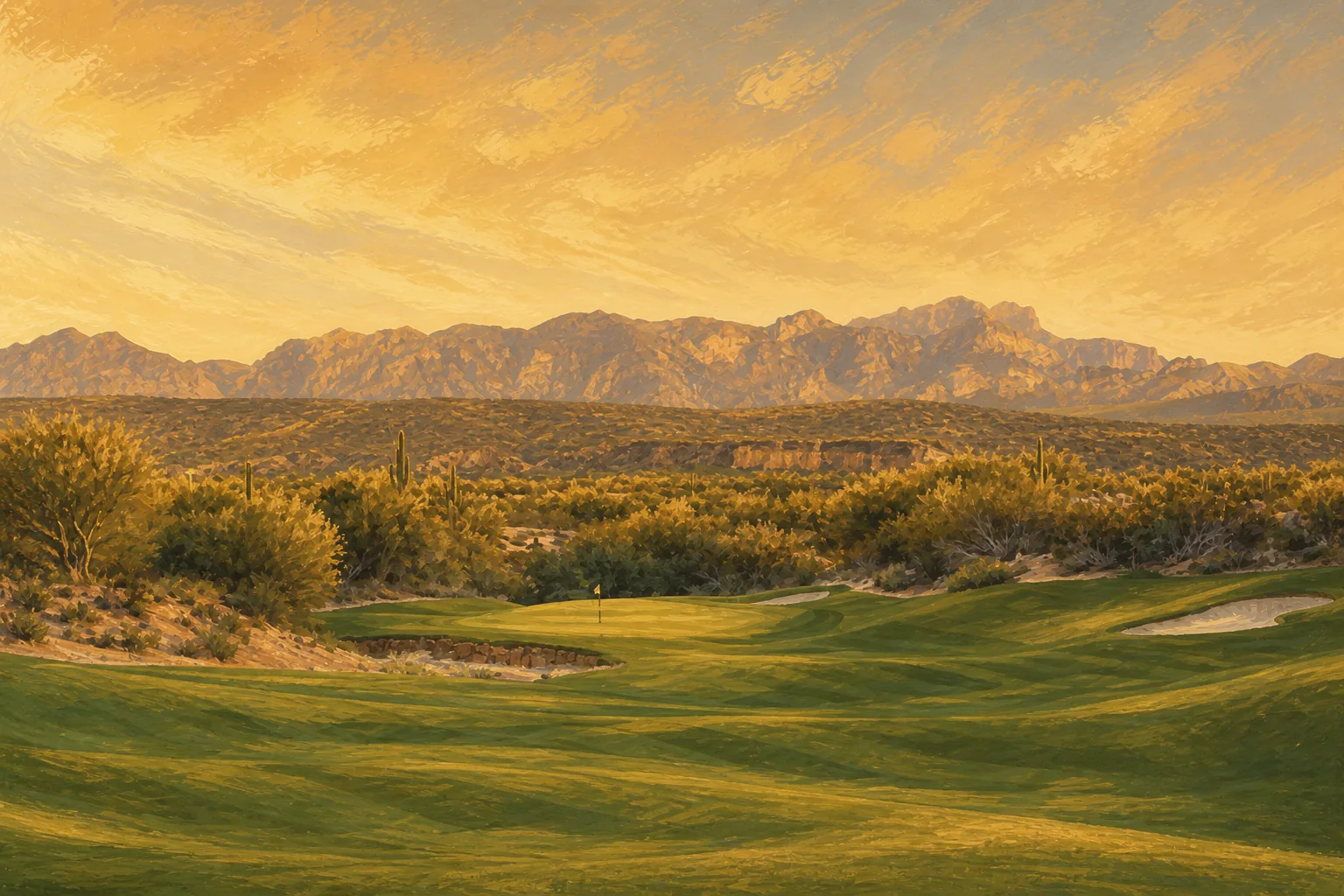 We-Ko-Pa Cholla Course No. 8 green framed by desert vegetation and the Superstition Mountains