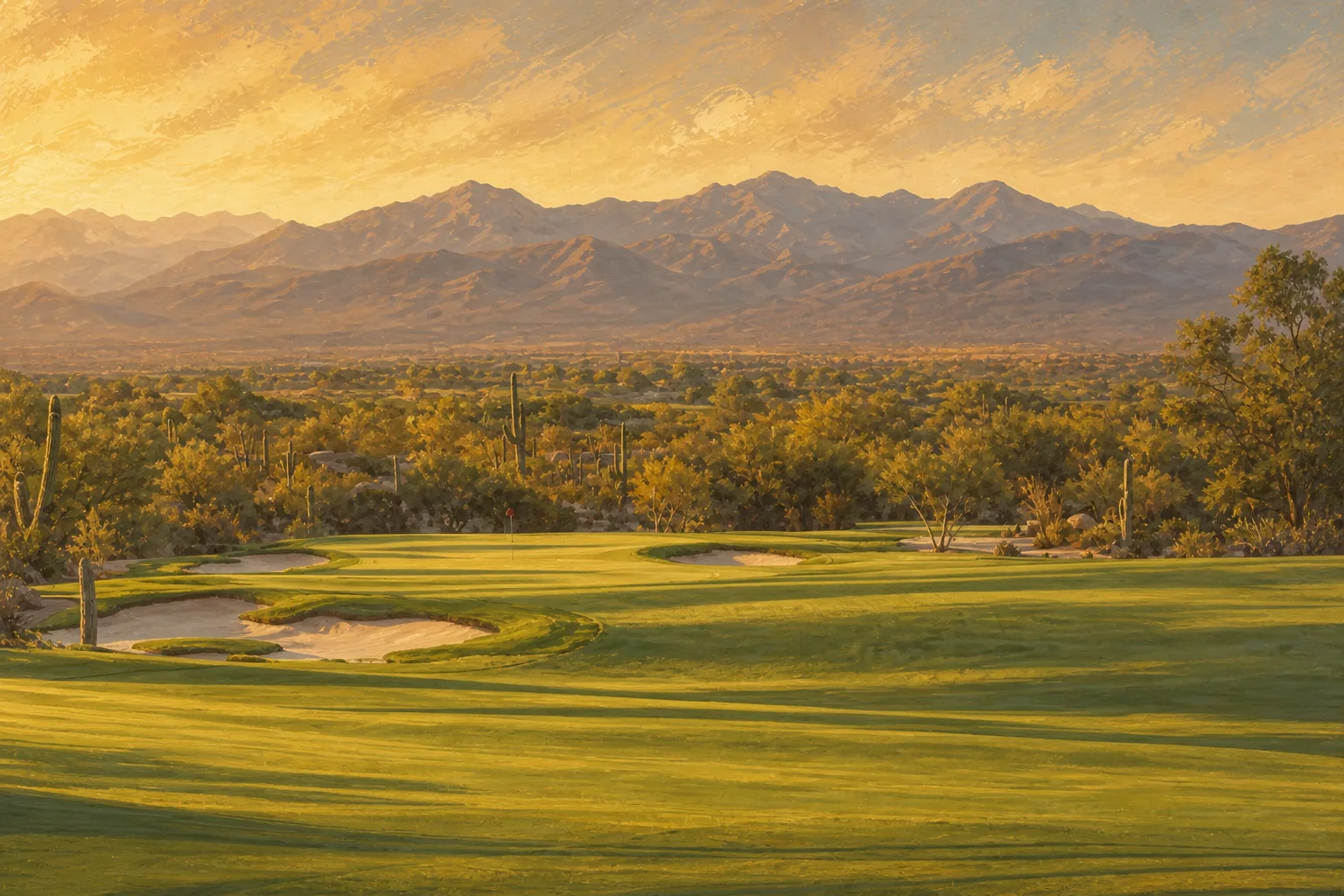 We-Ko-Pa Saguaro Course No. 4 fairway and bunkered green beneath the mountains